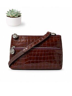 Brighton Crossbody Bag Croc Embossed Brown Bronze Patent Silver Hardware